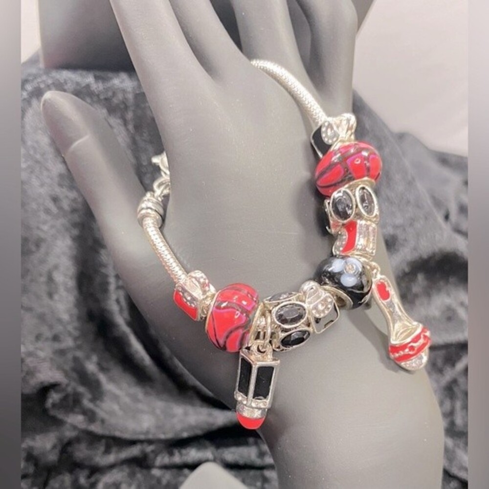 Sliding Charm Bracelet High Heel Lipstick Purse & Other Charms Pink Black Silver